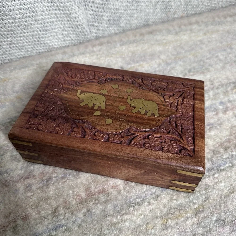 Hand Engraved Inlaid Brass Wooden Box Keepsake Jewelry Organizer &Storage